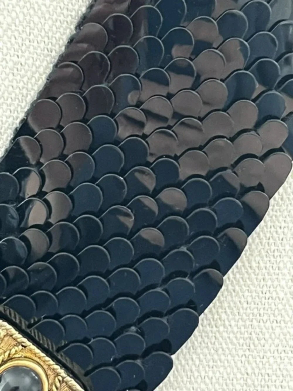 Stretch Statement Belt Black Scale Wide Gold Tone Medallion Buckle